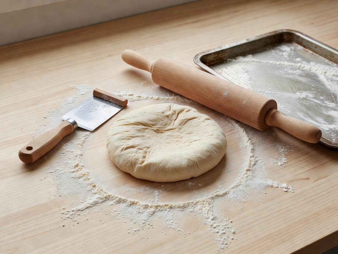 A biscuit dough round, rolling pin, scraper, and baking tray arranged on a light work surface