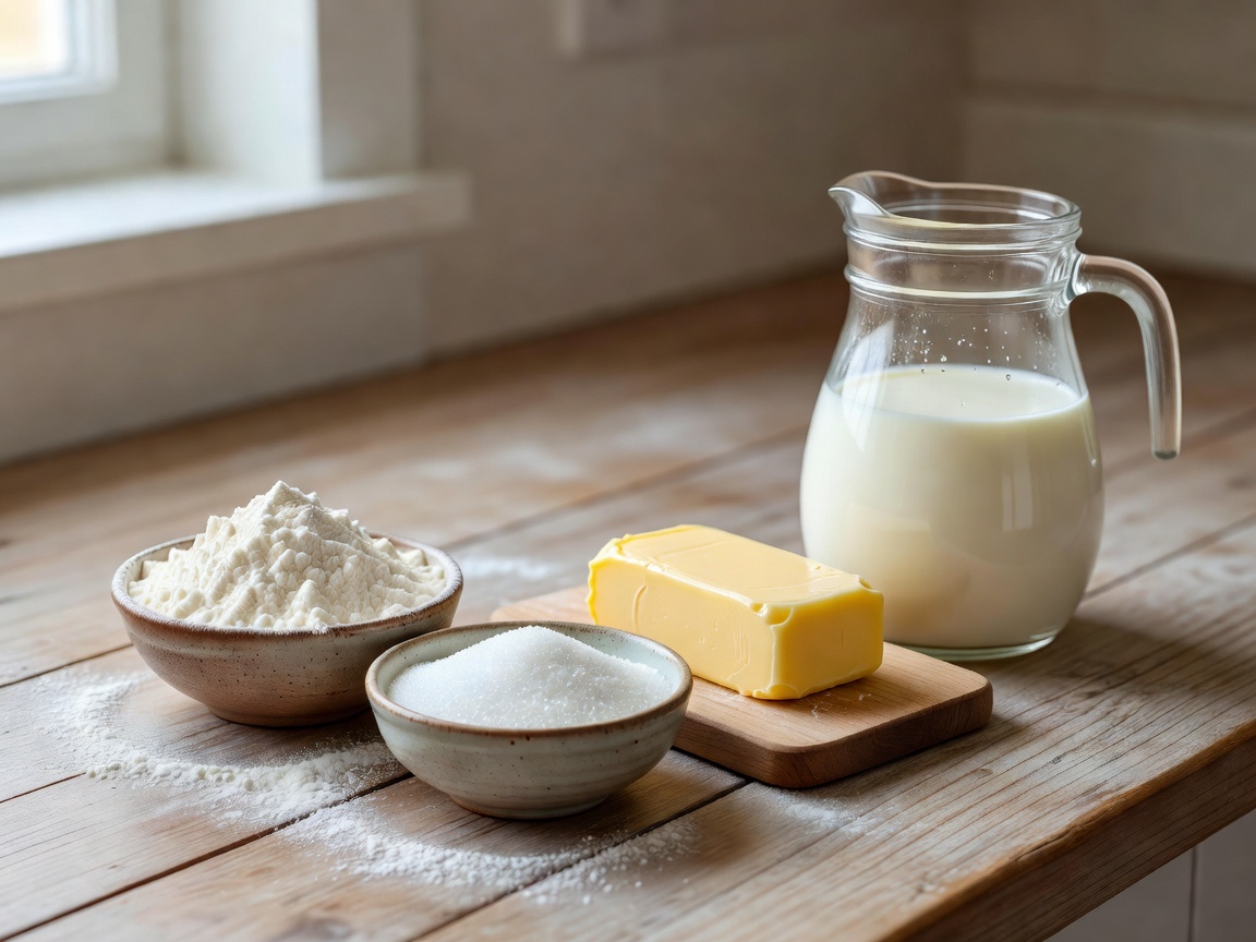 Small bowls of flour and sugar with butter and milk arranged for a biscuit recipe