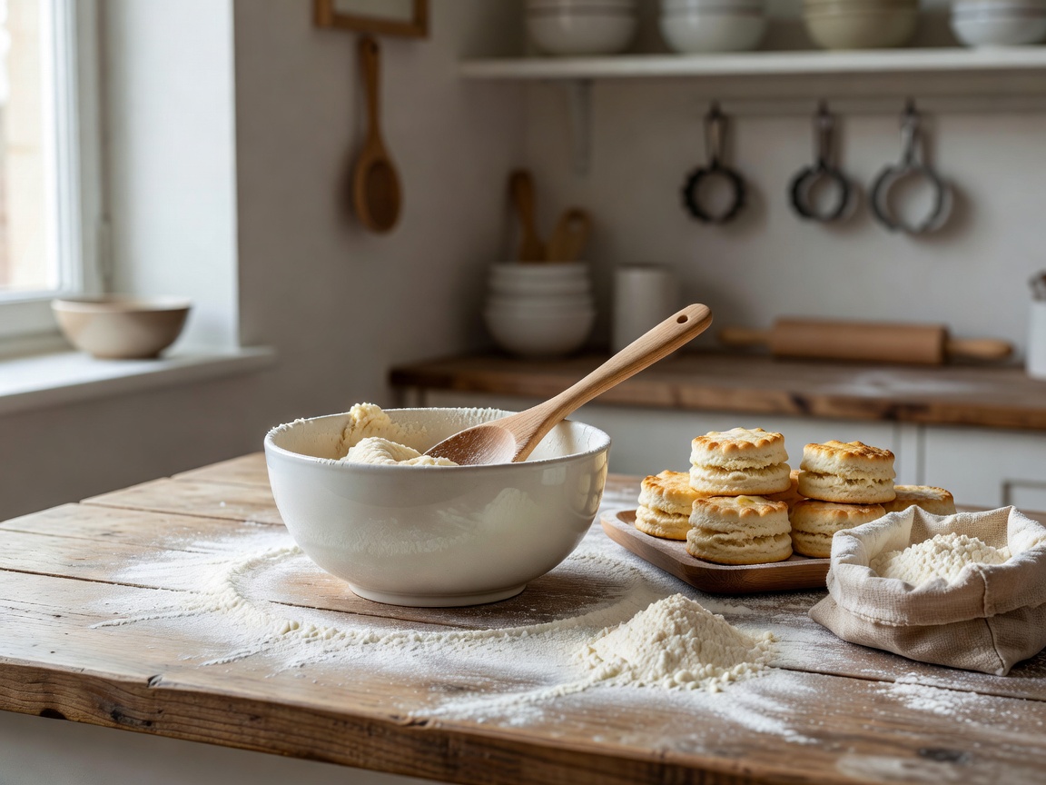 A calm biscuit-making workspace with a bowl, wooden spoon, flour, and a small tray of baked biscuits