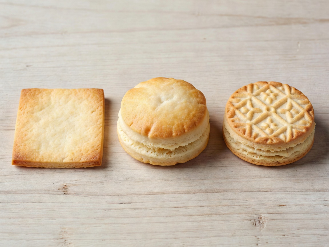 Three biscuit styles displayed together: a thin cut biscuit, a soft rounded biscuit, and a patterned pressed biscuit