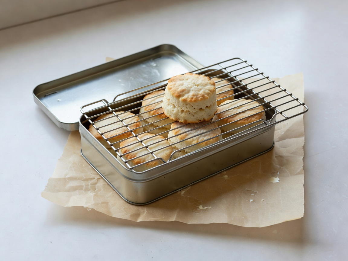 Cooled biscuits in a clean tin with a small cooling rack and parchment on a pale counter